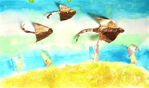 Underwater painting with 3 origami sea rays 